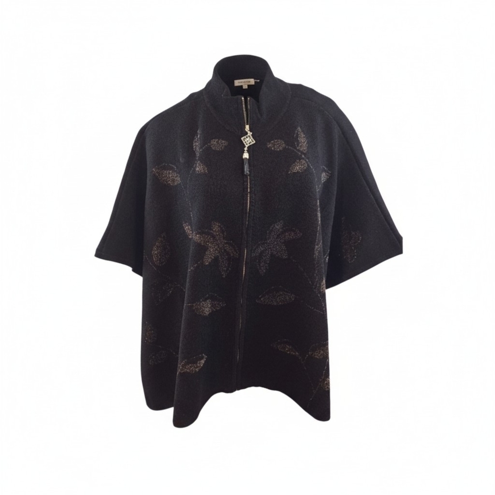 Anne Klein Size M  Black Women's Poncho with Metallic Floral Design Front Zipper